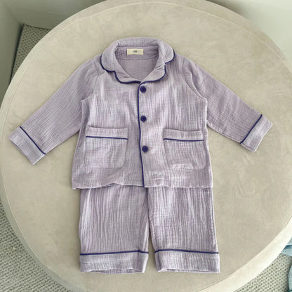 長袖パジャマ Purple / 18M (80) キッズセットアップ 2点セット 長袖パジャマセット シンプル前あきオープンカラー長袖シャツ+ルーズロングパンツ【mh0008643】