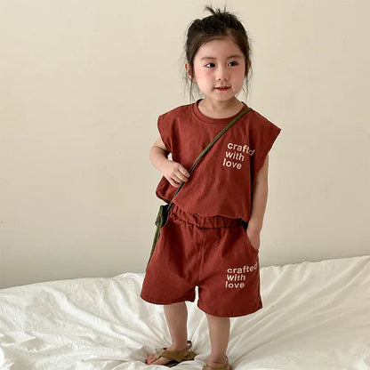 ノースリーブセットアップ Red / 80cm 9-12M キッズセットアップ 2点セット ノースリーブタンクトップ+ショートパンツ レターロゴプリント 2カラー【mh0004907】