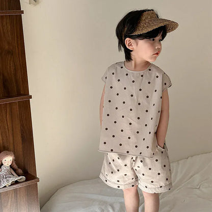 ノースリーブセットアップ set / 12M 80cm キッズセットアップ 2点セット/ワンピース ボーイズノースリーブシャツ+ショートパンツ/ガールズ半袖ワンピース 水玉ドットプリント リンクコーデ 兄弟姉妹 お揃いコーデ【mh0004732】
