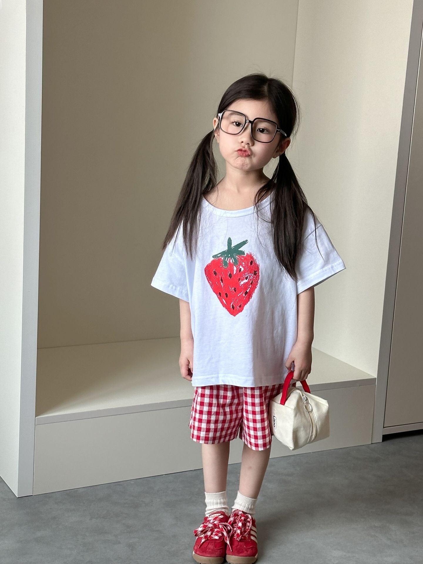 半袖セットアップ strawberry / 80cm フルーツ/ベジタブルプリント半袖Tシャツ+チェックショートパンツセットアップ 2点セット【mh0009834】