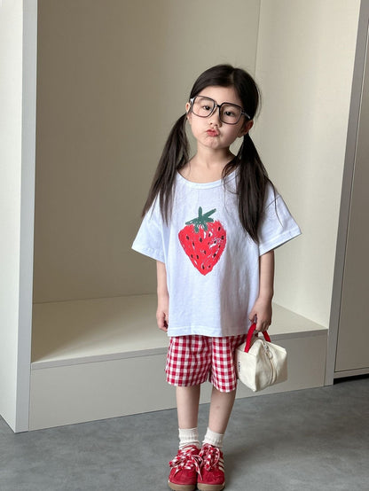 半袖セットアップ strawberry / 80cm フルーツ/ベジタブルプリント半袖Tシャツ+チェックショートパンツセットアップ 2点セット【mh0009834】