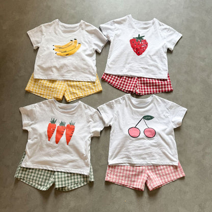 半袖セットアップ フルーツ/ベジタブルプリント半袖Tシャツ+チェックショートパンツセットアップ 2点セット【mh0009834】