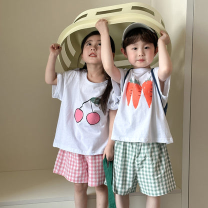 半袖セットアップ フルーツ/ベジタブルプリント半袖Tシャツ+チェックショートパンツセットアップ 2点セット【mh0009834】