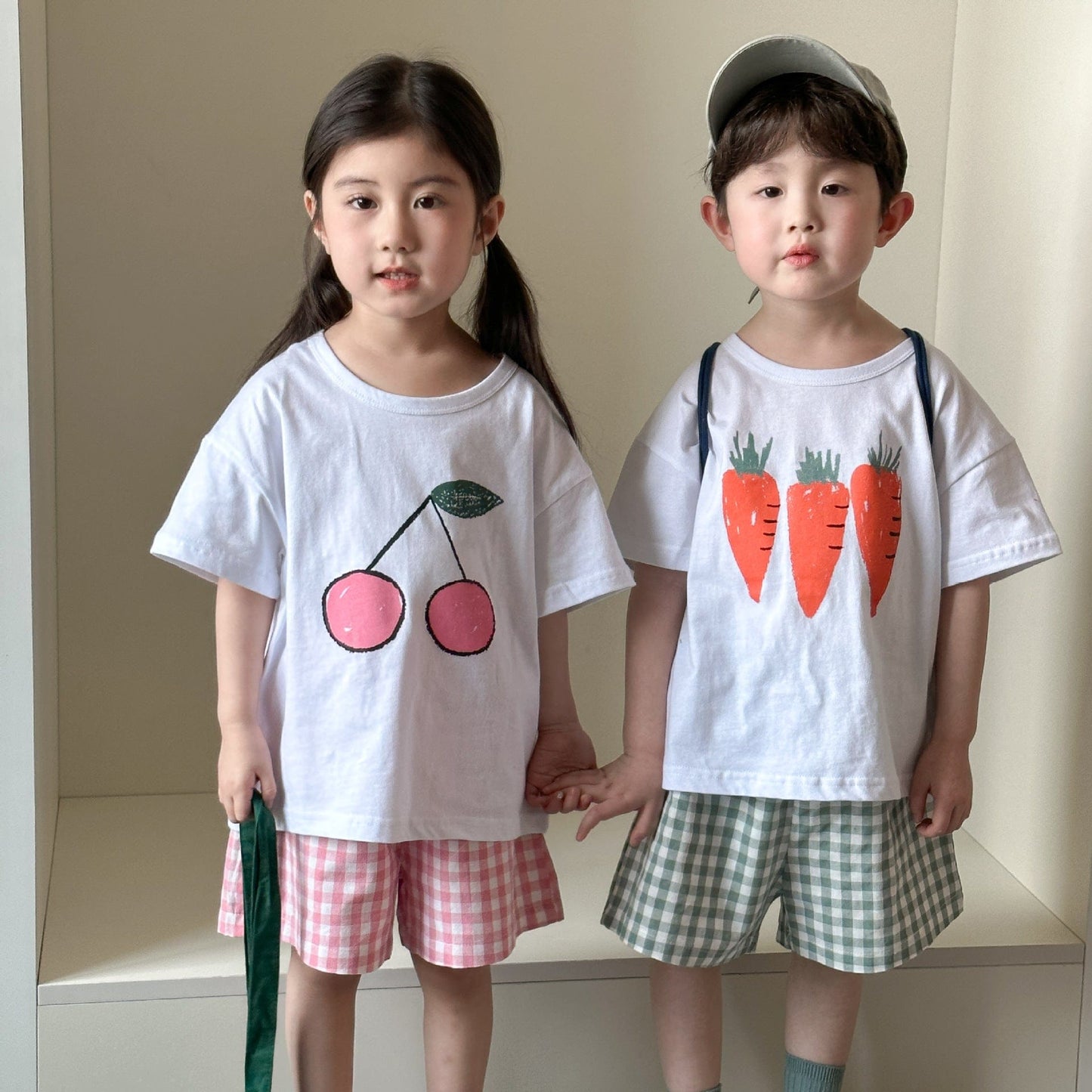 半袖セットアップ フルーツ/ベジタブルプリント半袖Tシャツ+チェックショートパンツセットアップ 2点セット【mh0009834】