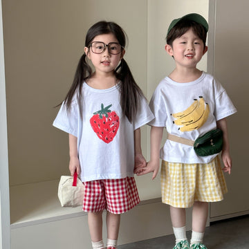 半袖セットアップ フルーツ/ベジタブルプリント半袖Tシャツ+チェックショートパンツセットアップ 2点セット【mh0009834】