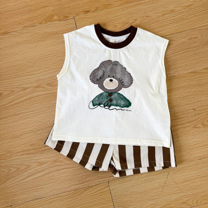 ノースリーブセットアップ アニマルプリント半袖Tシャツ+ストライプショートパンツセットアップ 2点セット【mh0010186】