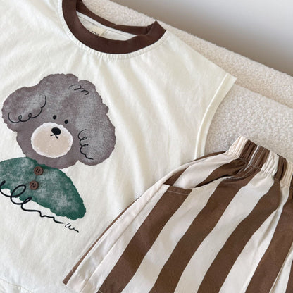 ノースリーブセットアップ アニマルプリント半袖Tシャツ+ストライプショートパンツセットアップ 2点セット【mh0010186】