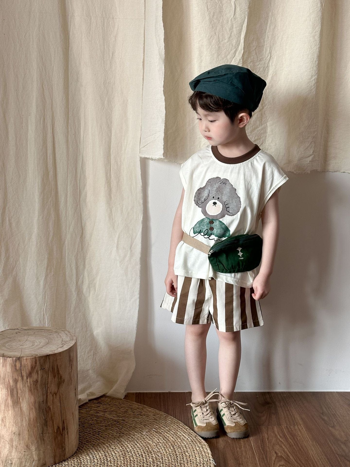 ノースリーブセットアップ アニマルプリント半袖Tシャツ+ストライプショートパンツセットアップ 2点セット【mh0010186】