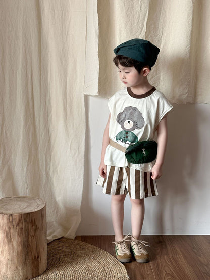 ノースリーブセットアップ アニマルプリント半袖Tシャツ+ストライプショートパンツセットアップ 2点セット【mh0010186】