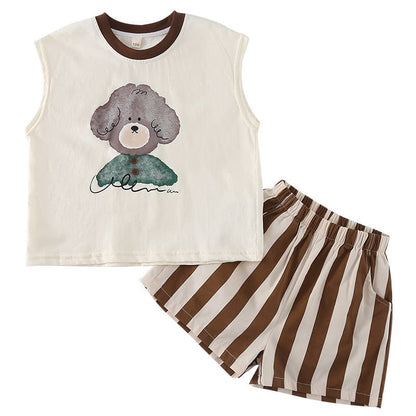 ノースリーブセットアップ アニマルプリント半袖Tシャツ+ストライプショートパンツセットアップ 2点セット【mh0010186】