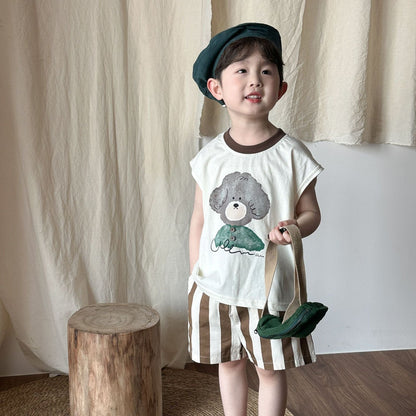 ノースリーブセットアップ アニマルプリント半袖Tシャツ+ストライプショートパンツセットアップ 2点セット【mh0010186】