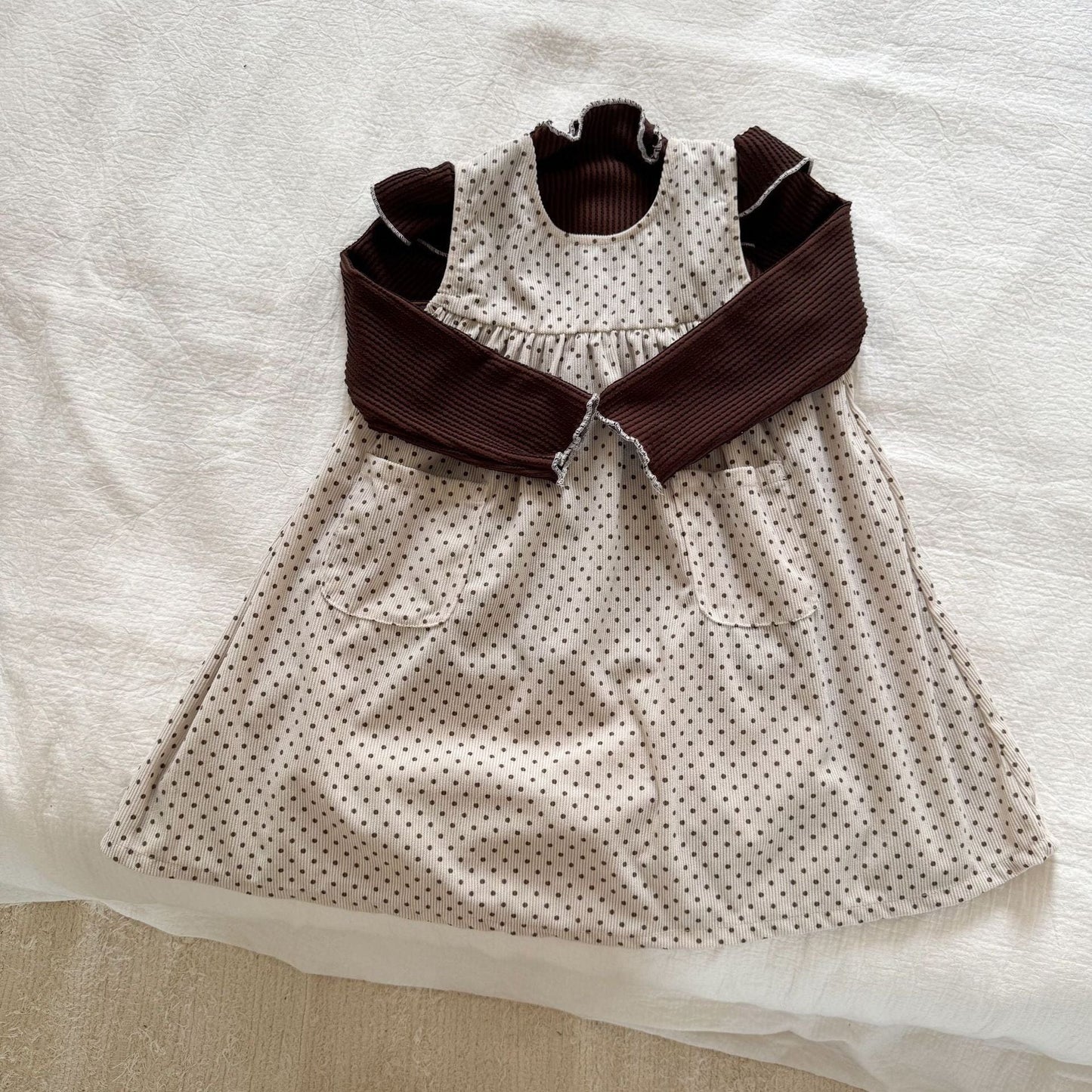 長袖セットアップ 水玉ドットノースリーブワンピース/ショルダーフリル長袖カットソーTシャツ【mh0010481】