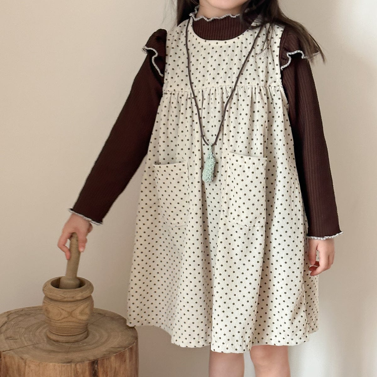 長袖セットアップ 水玉ドットノースリーブワンピース/ショルダーフリル長袖カットソーTシャツ【mh0010481】