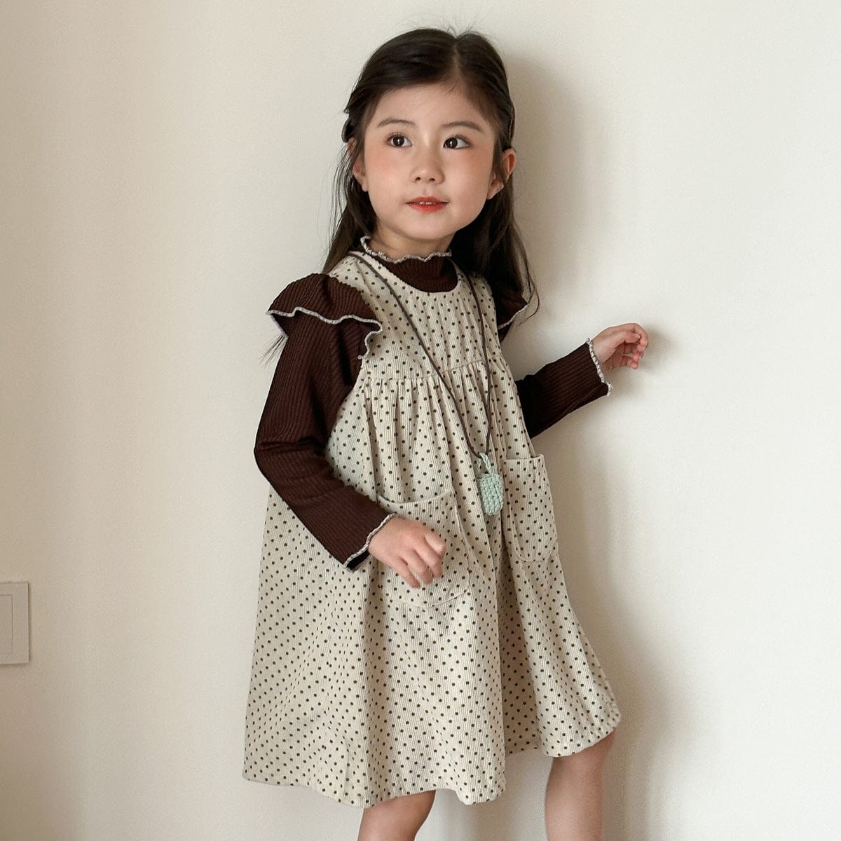 長袖セットアップ 水玉ドットノースリーブワンピース/ショルダーフリル長袖カットソーTシャツ【mh0010481】