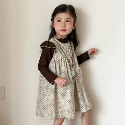 長袖セットアップ 水玉ドットノースリーブワンピース/ショルダーフリル長袖カットソーTシャツ【mh0010481】