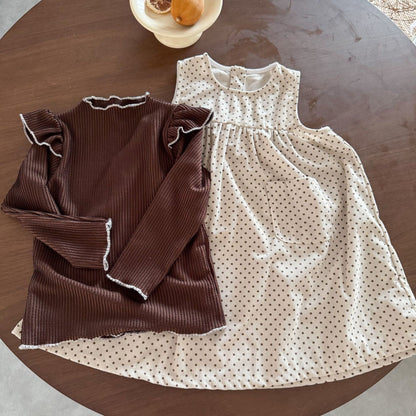 長袖セットアップ 水玉ドットノースリーブワンピース/ショルダーフリル長袖カットソーTシャツ【mh0010481】