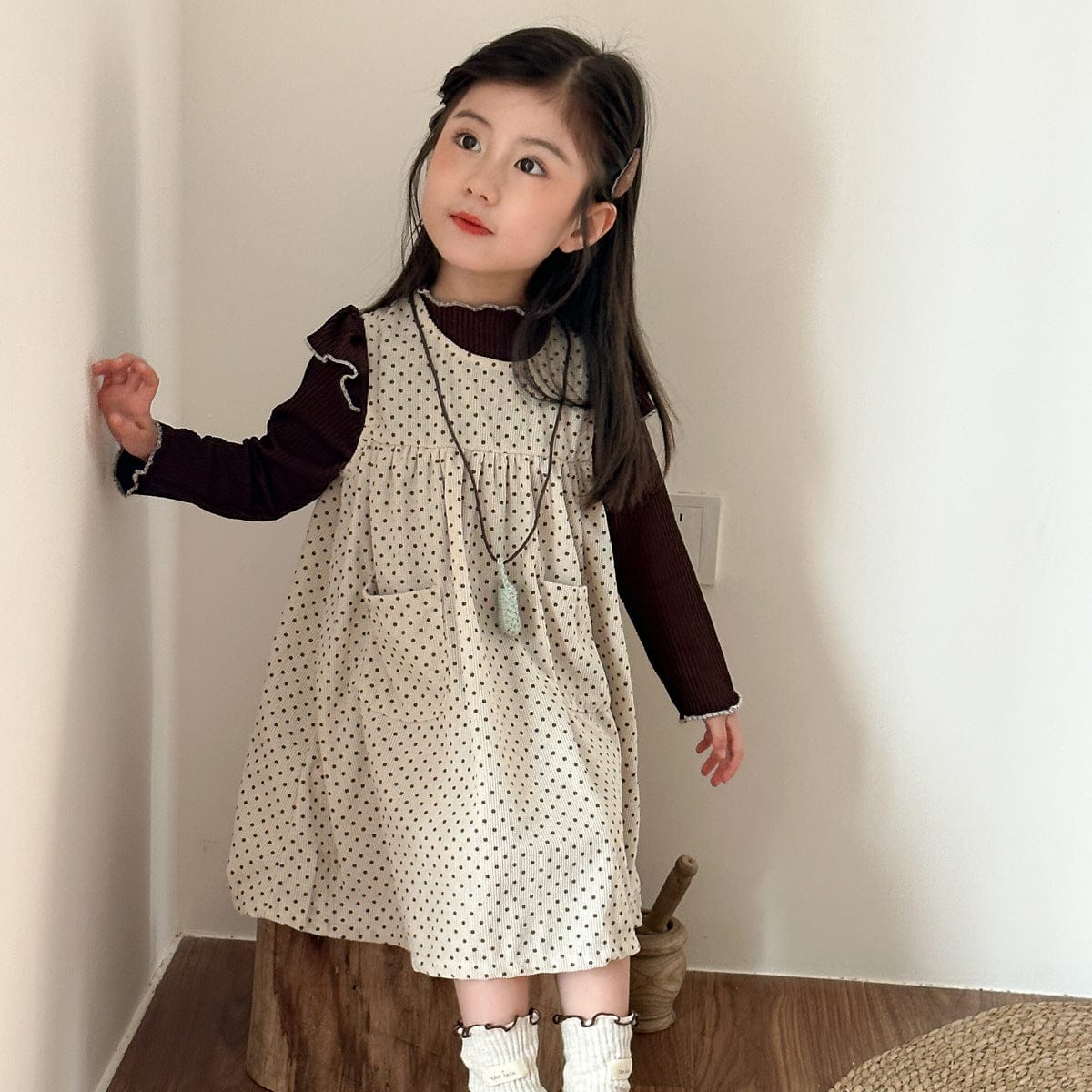 長袖セットアップ 水玉ドットノースリーブワンピース/ショルダーフリル長袖カットソーTシャツ【mh0010481】