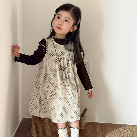 長袖セットアップ 水玉ドットノースリーブワンピース/ショルダーフリル長袖カットソーTシャツ【mh0010481】