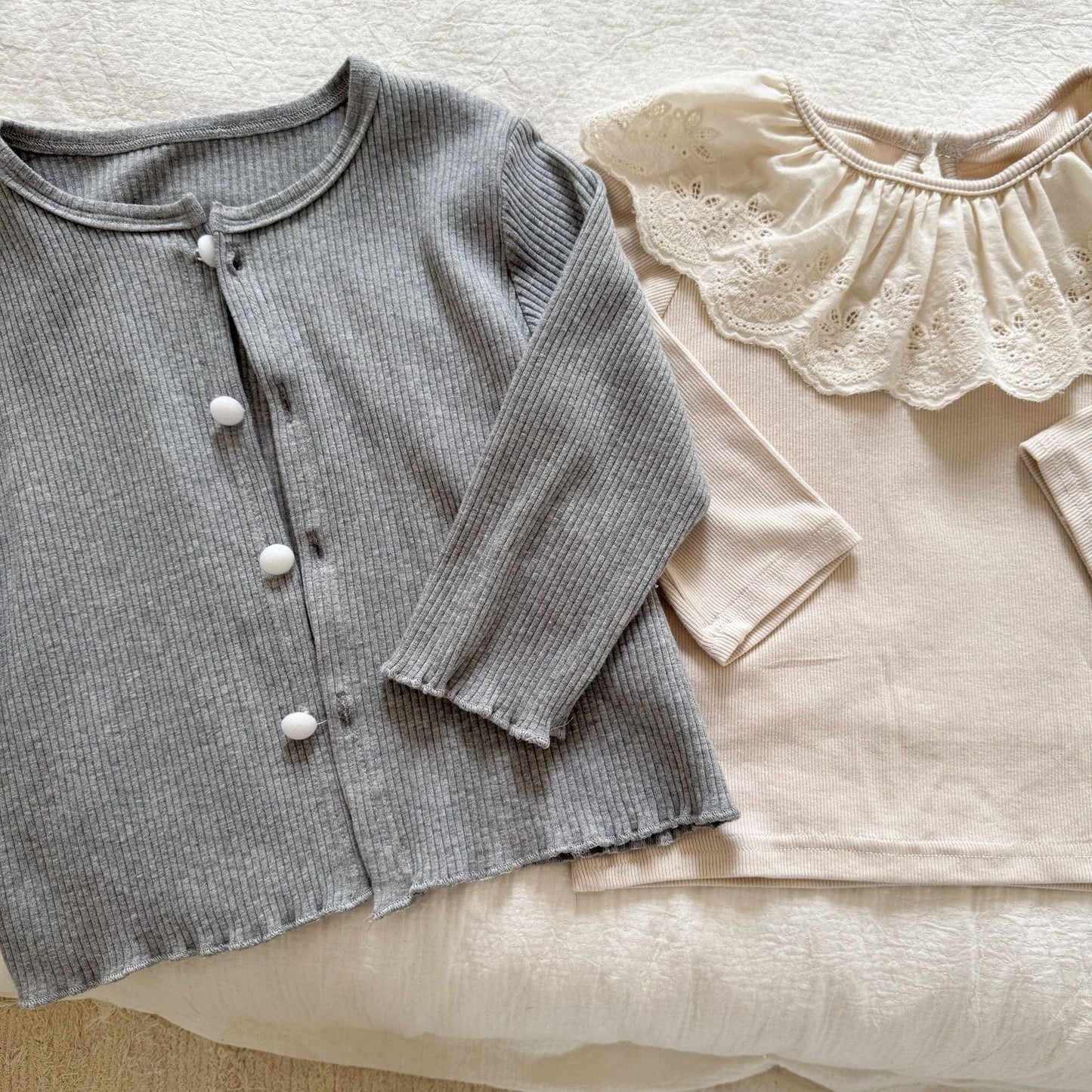 長袖セットアップ シンプル長袖カーディガン/ラッフル襟長袖Tシャツ【mh0010483】