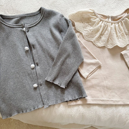 長袖セットアップ シンプル長袖カーディガン/ラッフル襟長袖Tシャツ【mh0010483】