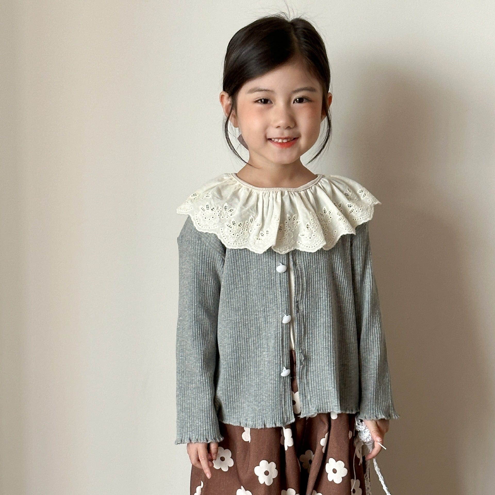 長袖セットアップ シンプル長袖カーディガン/ラッフル襟長袖Tシャツ【mh0010483】