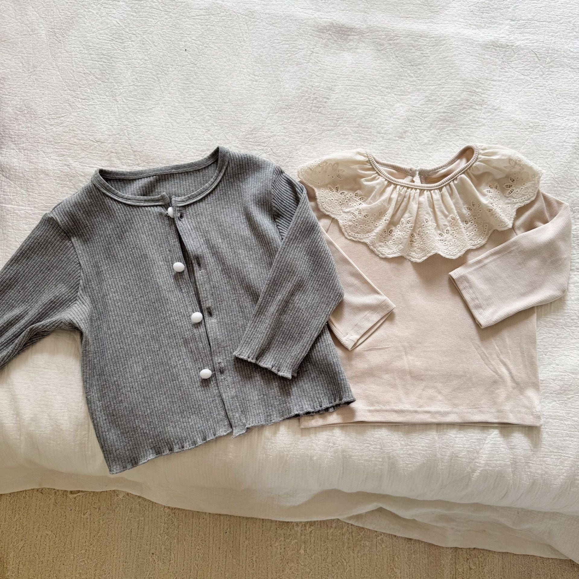 長袖セットアップ シンプル長袖カーディガン/ラッフル襟長袖Tシャツ【mh0010483】