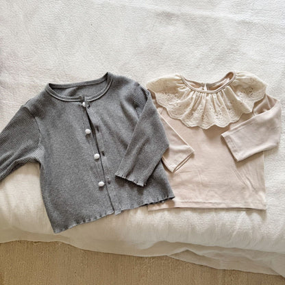 長袖セットアップ シンプル長袖カーディガン/ラッフル襟長袖Tシャツ【mh0010483】