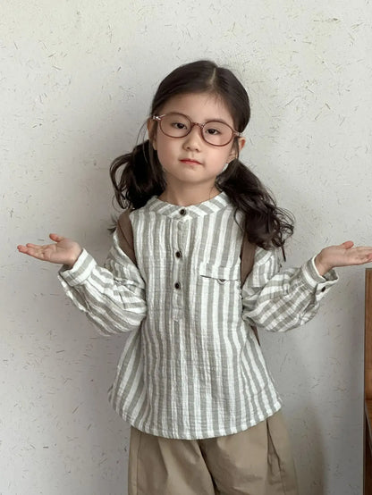 長袖シャツ・ブラウス White / 80cm 12M キッズトップス ストライプノーカラー長袖シャツ【mh0008827】