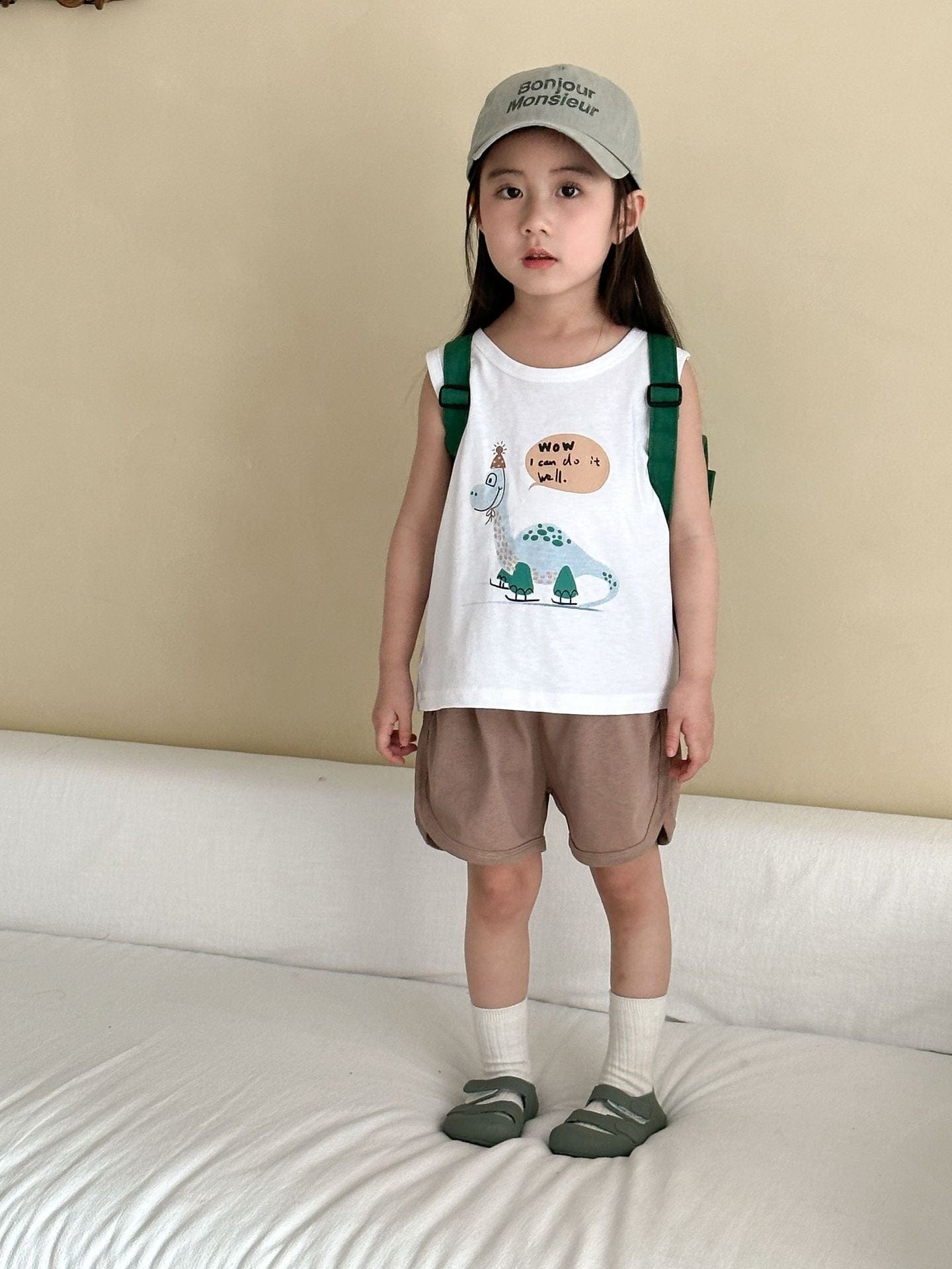 ノースリーブセットアップ White / 80cm 恐竜ダイナソープリントタンクトップ+ショートパンツセットアップ 2点セット【mh0009835】