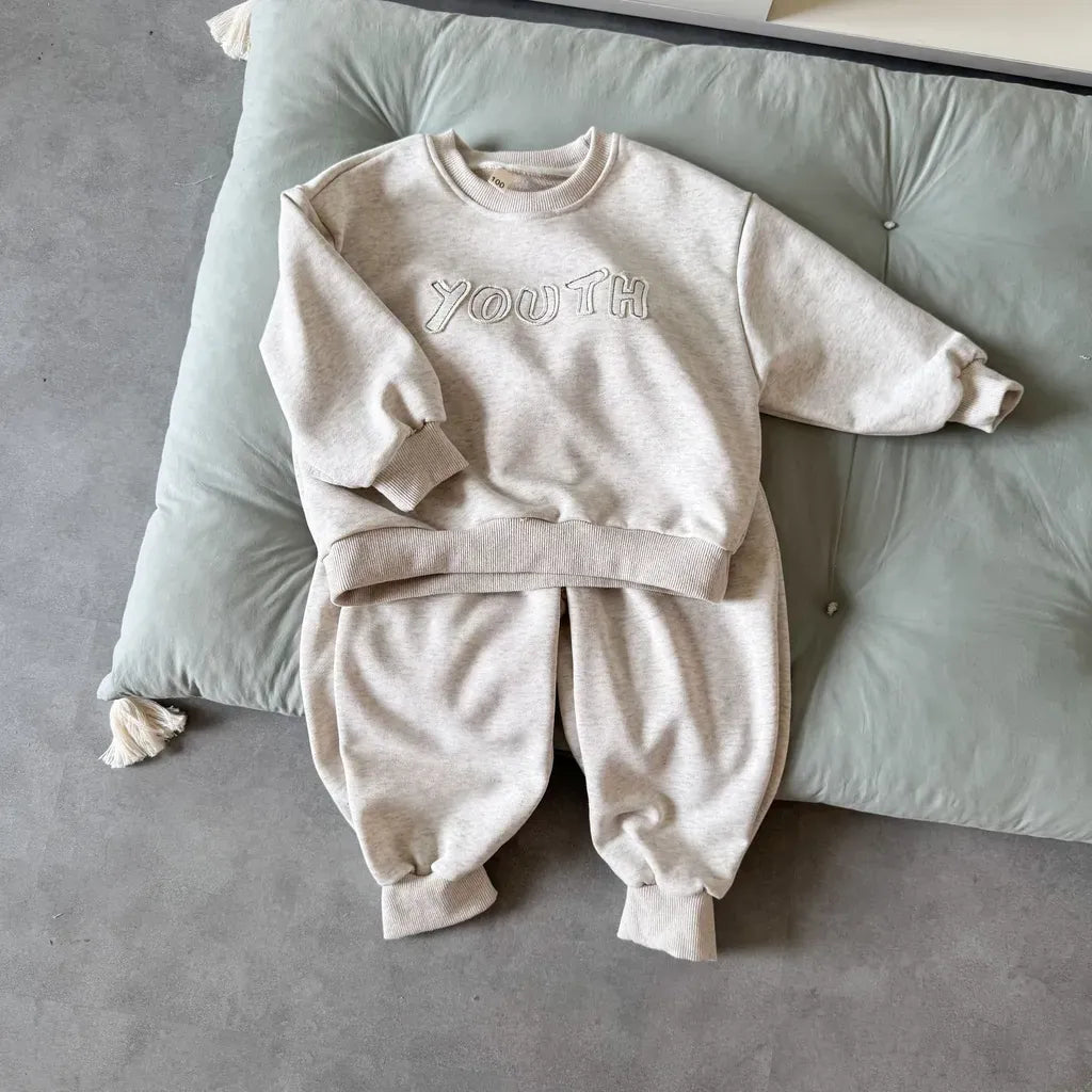 長袖セットアップ White Gray / 80cm YOUTHロゴ刺繍スウェットセットアップ 2点セット【mh0011235】