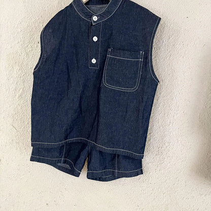 ノースリーブセットアップ X86056  suit / 12M  80CM キッズセットアップ 2点セット デニム ノースリーブシャツ+ショートパンツ リンクコーデ 兄弟姉妹 お揃いコーデ【mh0005173】