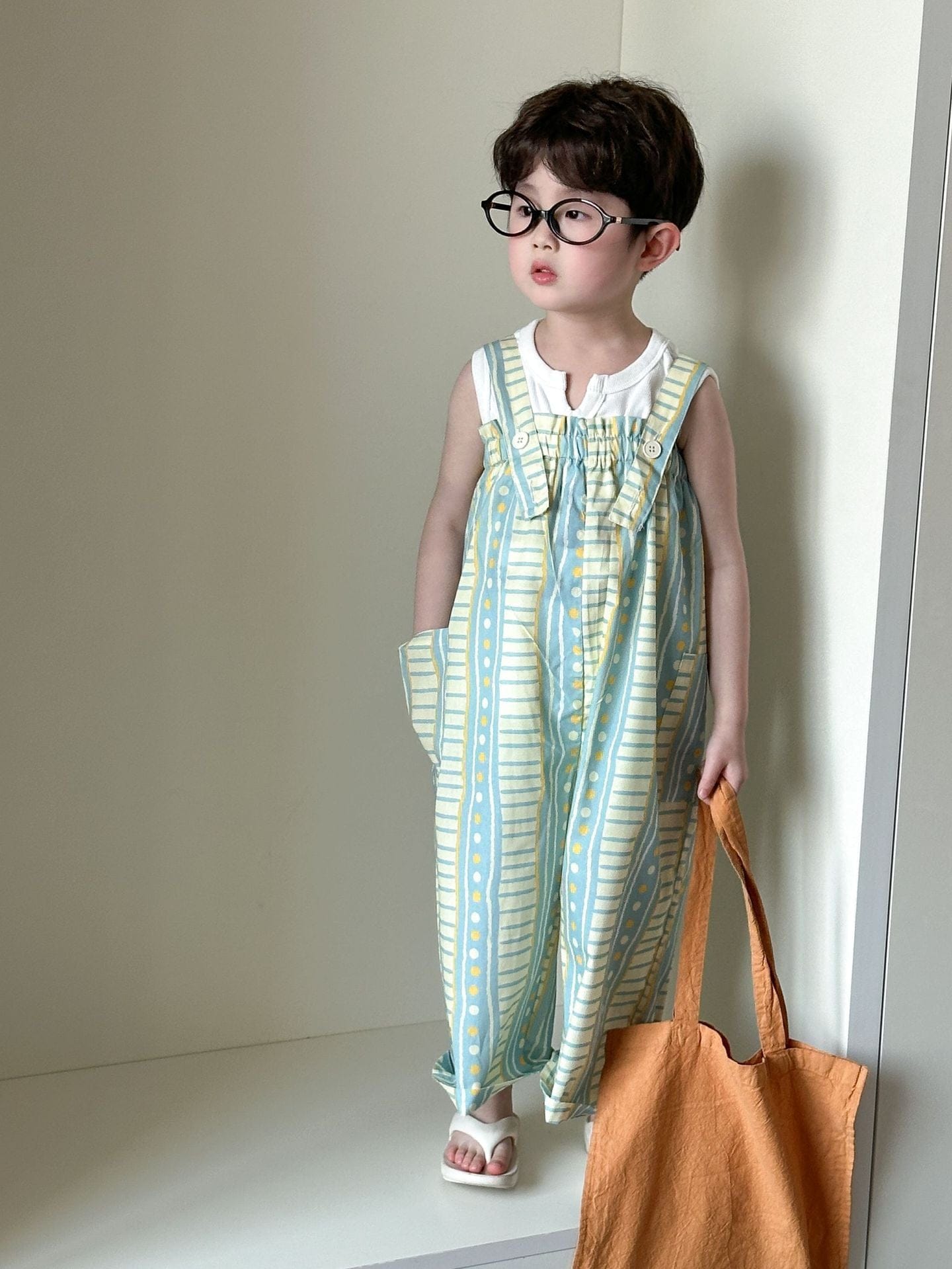 サロペットパンツ・サスペンダーパンツ yellow-green vertical bars / 80cm 幾何学プリントルーズサスペンダーサロペットパンツ【mh0009829】