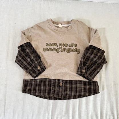 長袖Tシャツ Apricot / 80cm ロゴプリントチェックドッキング長袖スウェット【mh0011239】