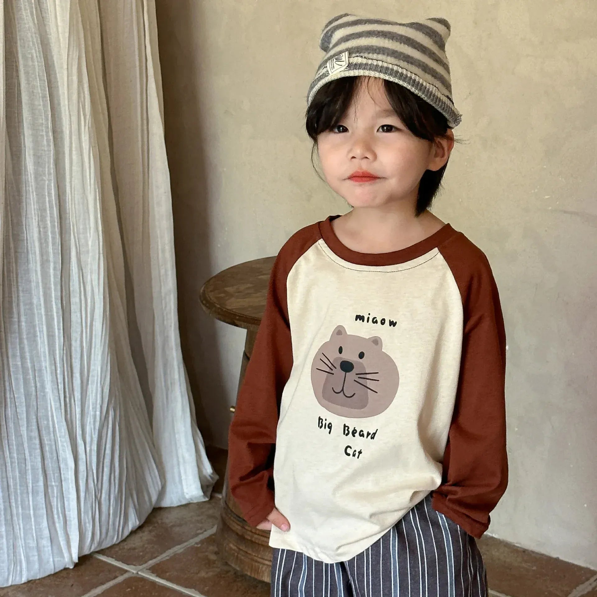 長袖Tシャツ Beige / 12M  80CM キッズトップス 長袖ラグランパッチワーク猫キャットプリントTシャツ 2カラー【mh0006705】