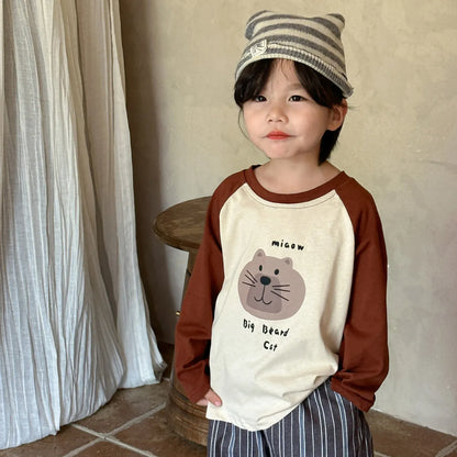 長袖Tシャツ Beige / 12M  80CM キッズトップス 長袖ラグランパッチワーク猫キャットプリントTシャツ 2カラー【mh0006705】