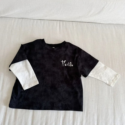 長袖Tシャツ Black / 80cm レタリングプリントフェイクレイヤード長袖Tシャツ【mh0011244】