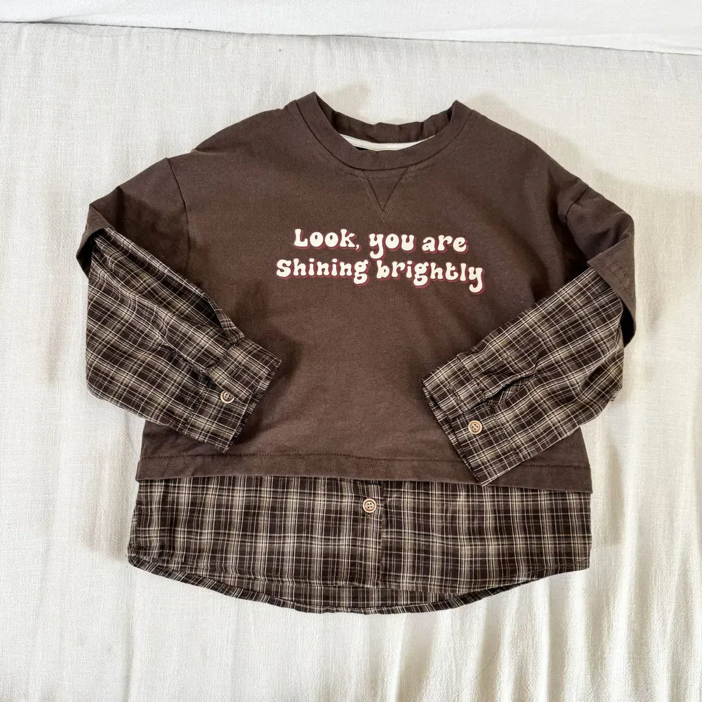 長袖Tシャツ Coffee / 80cm ロゴプリントチェックドッキング長袖スウェット【mh0011239】