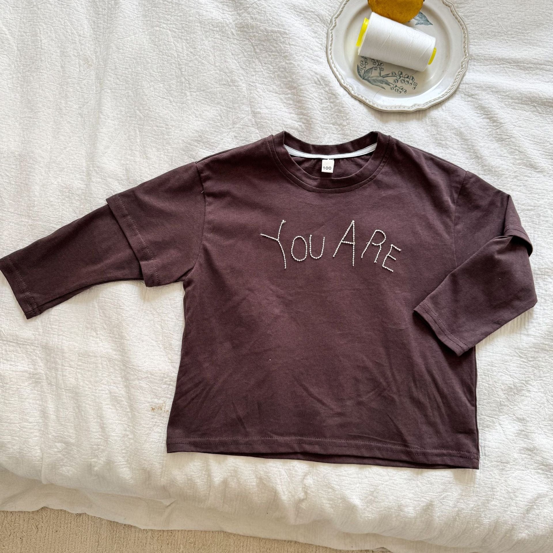 長袖Tシャツ Coffee / 80cm レターロゴ刺繍ドッキング長袖Tシャツ【mh0010486】