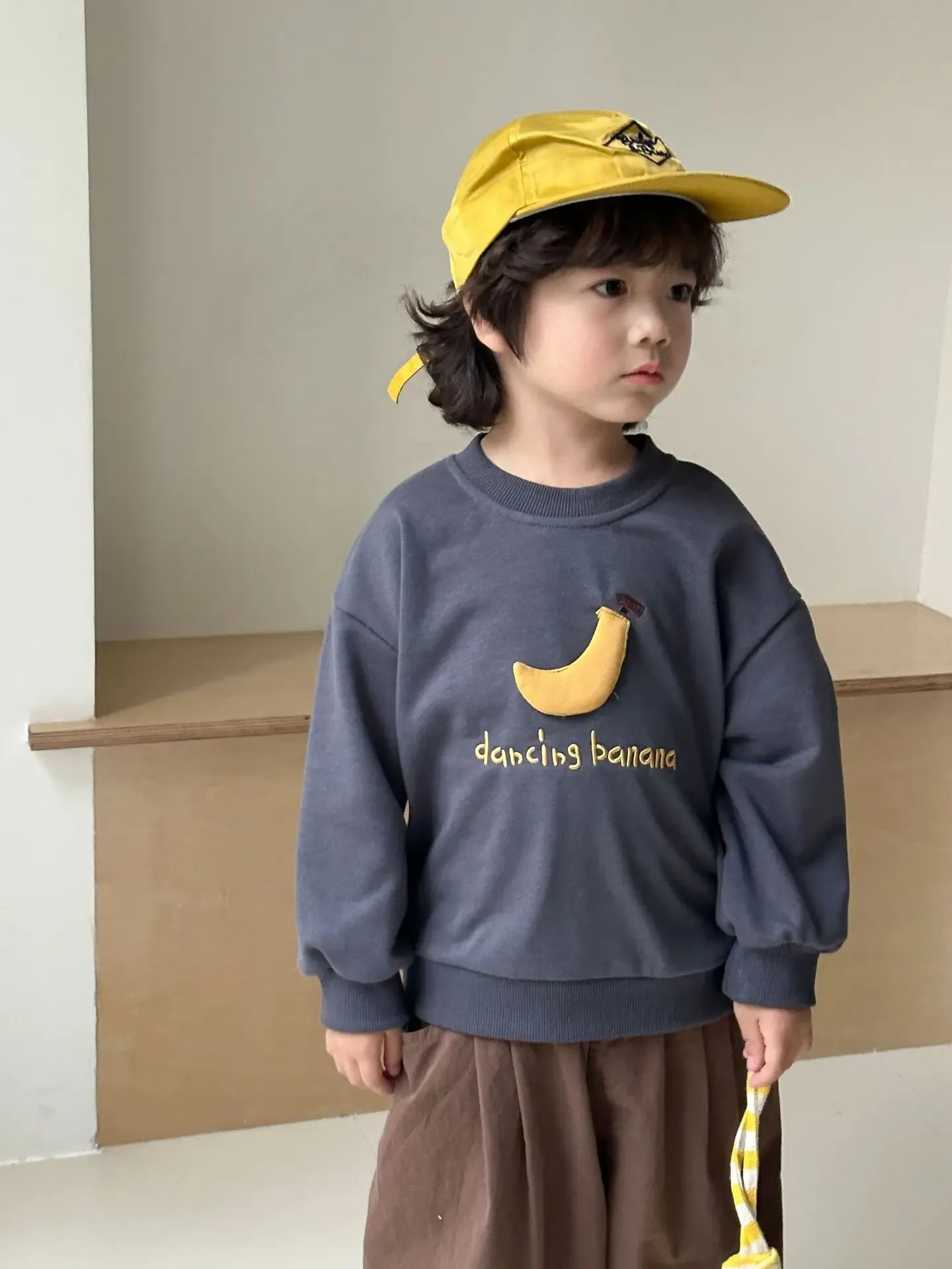 長袖Tシャツ Dark Gray / 80cm 12M キッズトップス バナナ/りんごアップリケ長袖スウェットシャツ【mh0008777】