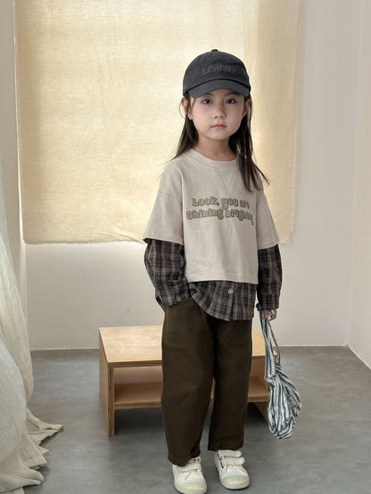 長袖Tシャツ ロゴプリントチェックドッキング長袖スウェット【mh0011239】