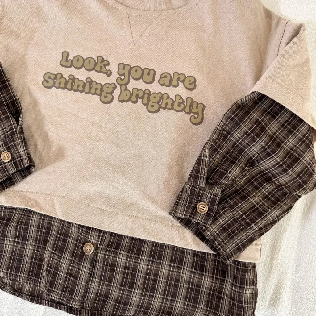 長袖Tシャツ ロゴプリントチェックドッキング長袖スウェット【mh0011239】