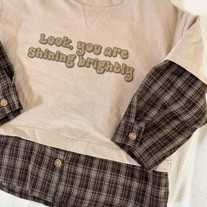 長袖Tシャツ ロゴプリントチェックドッキング長袖スウェット【mh0011239】