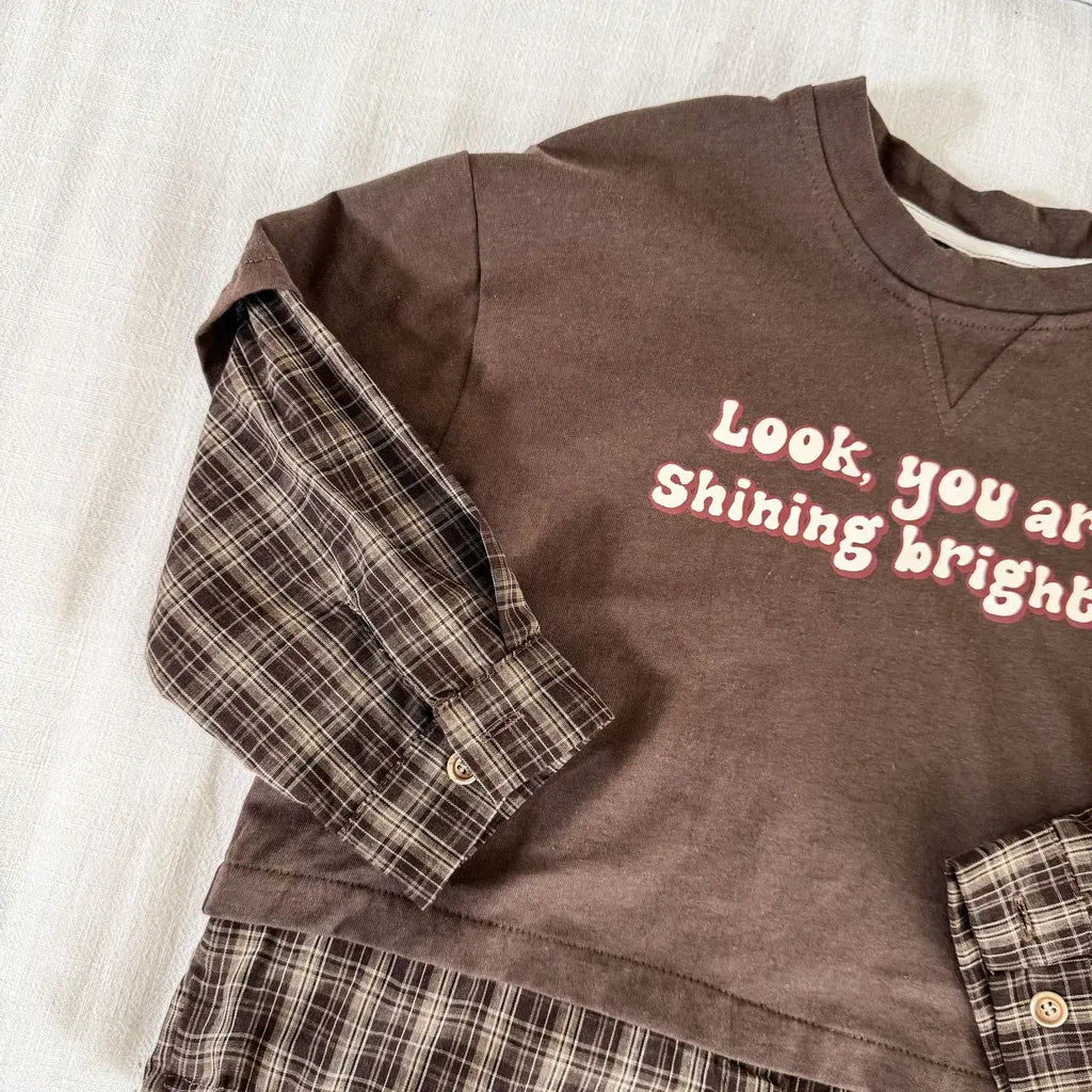 長袖Tシャツ ロゴプリントチェックドッキング長袖スウェット【mh0011239】