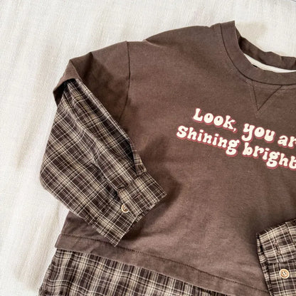 長袖Tシャツ ロゴプリントチェックドッキング長袖スウェット【mh0011239】