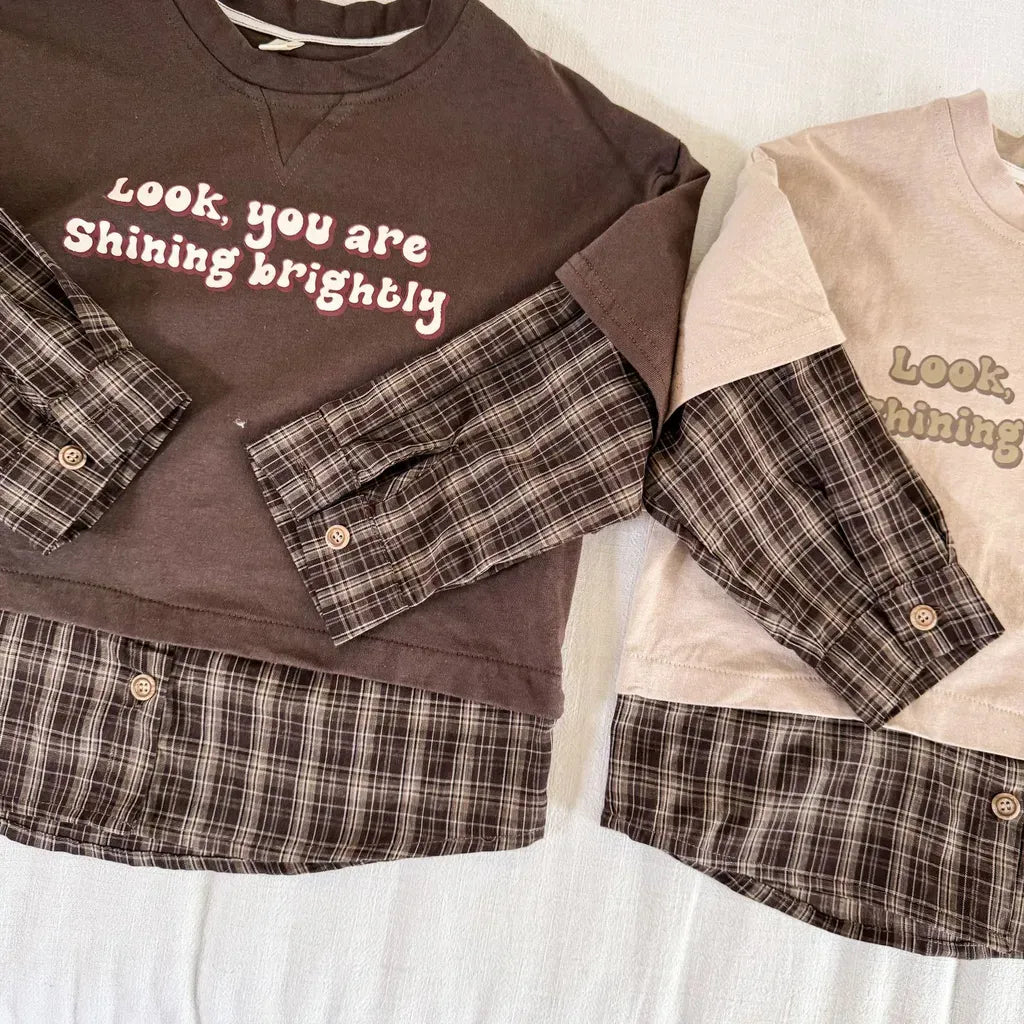 長袖Tシャツ ロゴプリントチェックドッキング長袖スウェット【mh0011239】