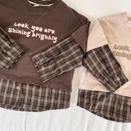 長袖Tシャツ ロゴプリントチェックドッキング長袖スウェット【mh0011239】