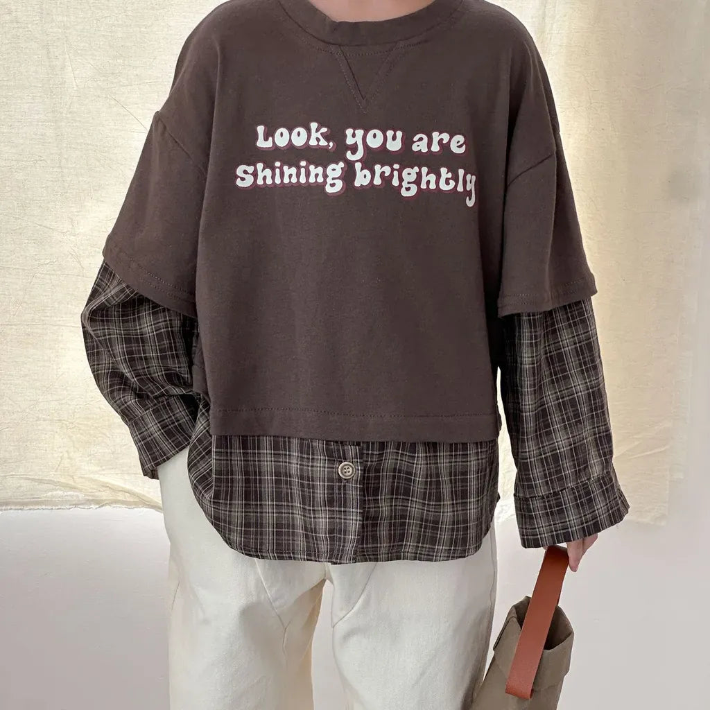 長袖Tシャツ ロゴプリントチェックドッキング長袖スウェット【mh0011239】