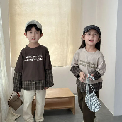 長袖Tシャツ ロゴプリントチェックドッキング長袖スウェット【mh0011239】