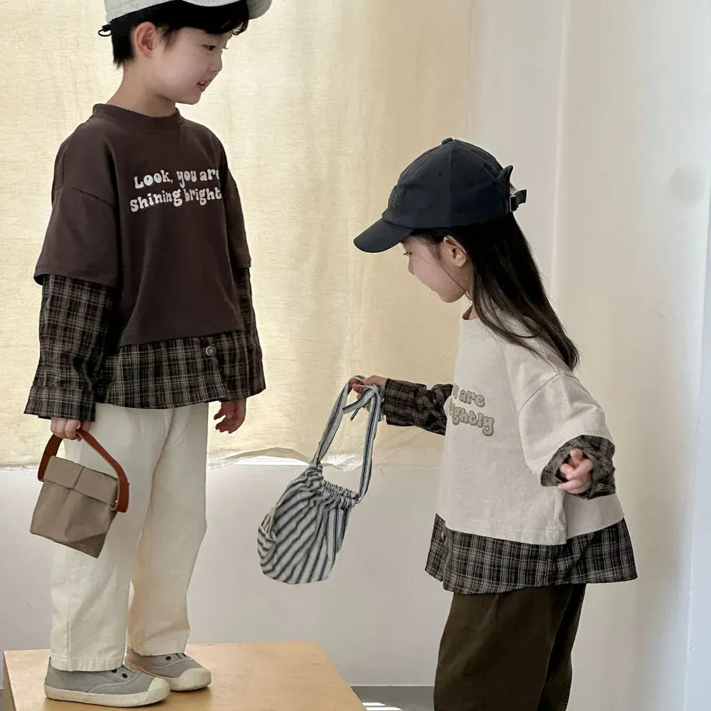 長袖Tシャツ ロゴプリントチェックドッキング長袖スウェット【mh0011239】