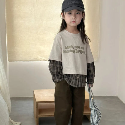 長袖Tシャツ ロゴプリントチェックドッキング長袖スウェット【mh0011239】